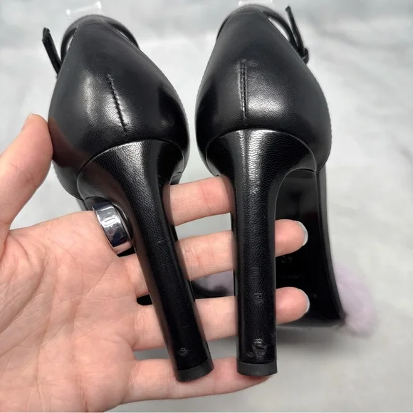 Saint Laurent Bea Mink Fur Leather Square Toe Ankle Strap Stiletto Sandal Heels - Picture 9 of 16